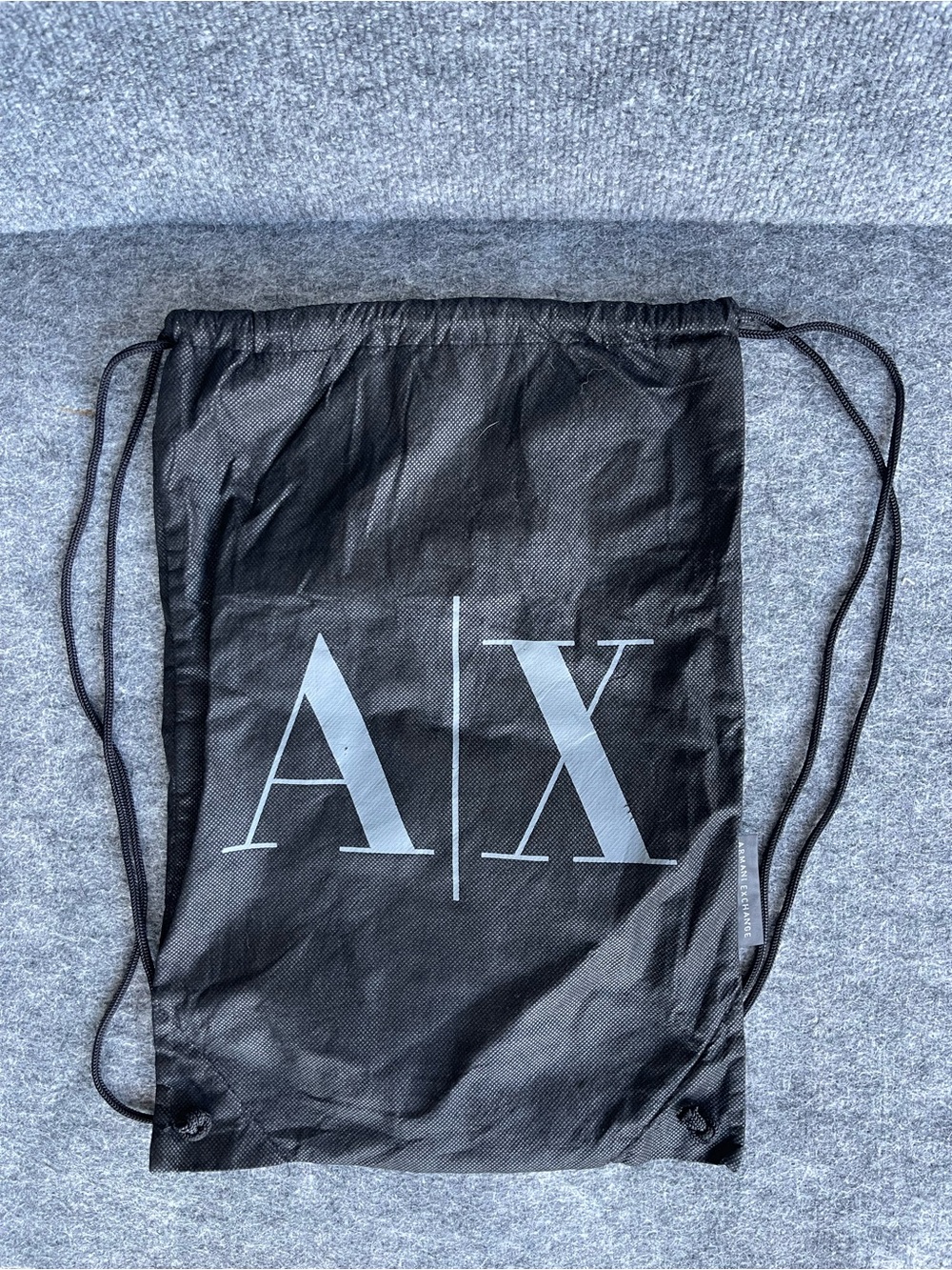 A|X Armani Exchange Black Drawstring Backpack Gym Bag Silver Logo